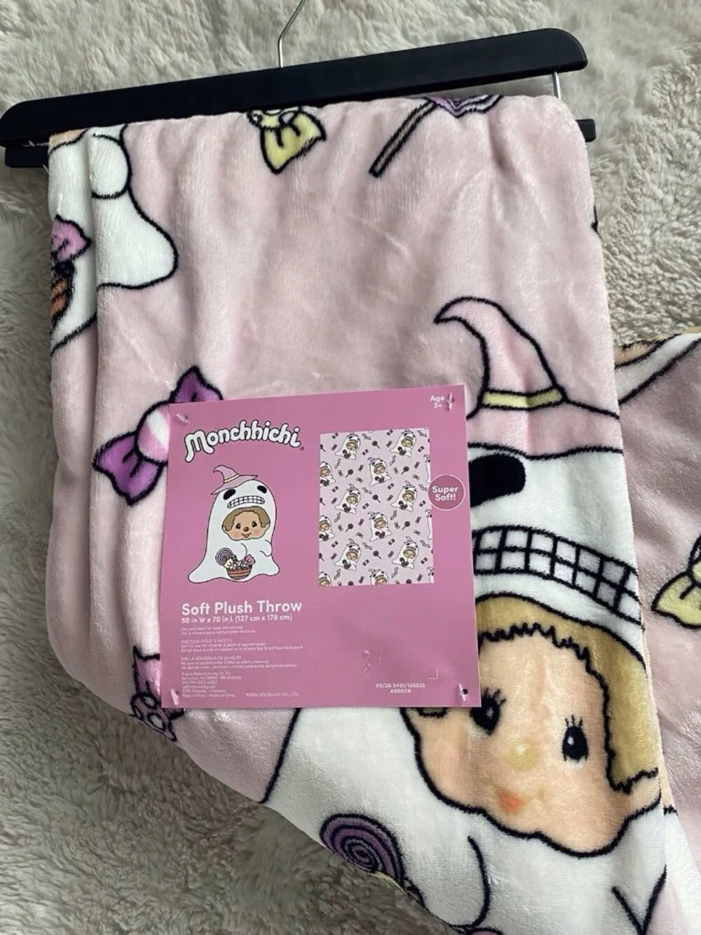 Halloween Candy Ghost Monchhichi Pink Soft Plush Throw Blanket 50” X 70” NEW